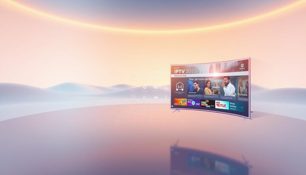 A futuristic IPTV interface floating in a sleek, minimalist 3D space. The foreground features a curved, holographic display showcasing a variety of streaming services and content, with intuitive touch controls. The middle ground has a translucent grid of floating icons representing different IPTV features and smart home integrations. The background is a serene, ethereal landscape with a soft gradient of blues and purples, evoking a sense of technological advancement and interconnectivity. Warm lighting from an unseen source creates depth and highlights the fluid, innovative design. The overall mood is one of sophistication, seamlessness, and the evolution of IPTV technology. A futuristic IPTV interface floating in a sleek, minimalist 3D space. The foreground features a curved, holographic display showcasing a variety of streaming services and content, with intuitive touch controls. The middle ground has a translucent grid of floating icons representing different IPTV features and smart home integrations. The background is a serene, ethereal landscape with a soft gradient of blues and purples, evoking a sense of technological advancement and interconnectivity. Warm lighting from an unseen source creates depth and highlights the fluid, innovative design. The overall mood is one of sophistication, seamlessness, and the evolution of IPTV technology.