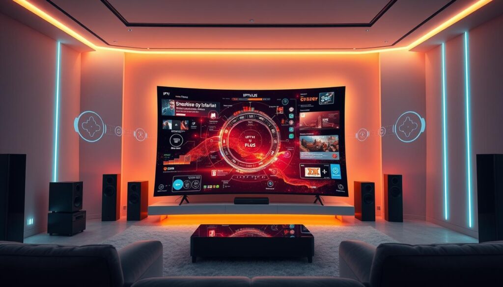 A futuristic and immersive digital entertainment hub showcasing the revolutionary IPTV PLUS streaming service. Set in a sleek, minimalist living room, the scene features a large, ultra-high-definition curved television screen surrounded by advanced audio equipment. Glowing holographic interfaces and seamless controls emanate from the screen, suggesting a cutting-edge, user-friendly platform. The room is bathed in a warm, soft lighting that creates a cozy, welcoming atmosphere, while strategic camera angles and depth of field draw the viewer's attention to the captivating display. Overall, the image conveys the idea of a transformative, next-generation television experience that redefines the future of home entertainment.