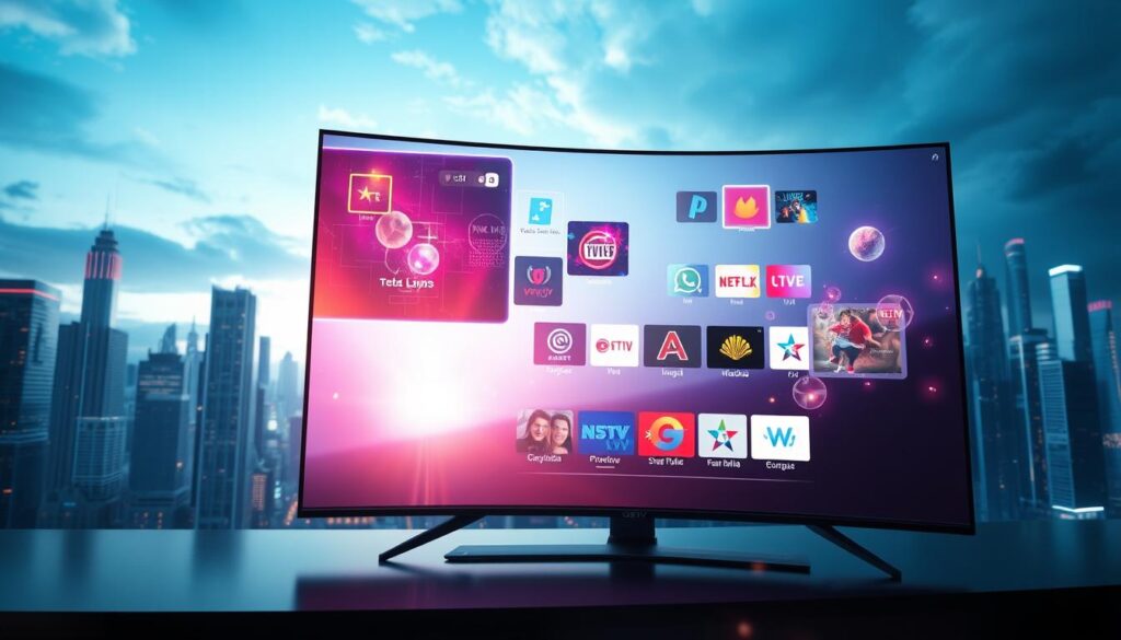 A futuristic, high-tech interface showcasing the exceptional features of IPTV PLUS in 2025. The display presents a sleek, minimalist design with a curved, edge-to-edge screen. Vibrant, holographic channel icons float effortlessly, inviting exploration. The interface is bathed in a soft, ambient glow, creating a sense of advanced technology and seamless user experience. In the background, a cityscape of towering skyscrapers and futuristic architecture hints at the global reach and connectivity of this innovative IPTV service. The overall mood is one of advanced, cutting-edge entertainment at the fingertips.