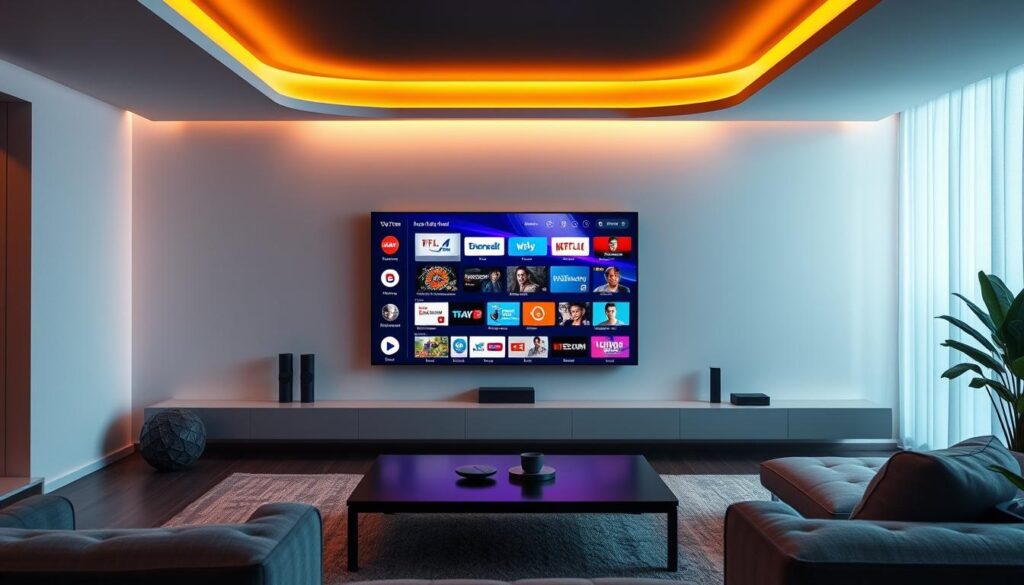 A futuristic living room with a sleek, minimalist TV stand displaying a modern IPTV interface. The screen shows a vibrant array of streaming channels, apps, and content, reflecting the evolution of television in 2025. Warm, ambient lighting creates a cozy atmosphere, complemented by subtle hues of blue and gray. The room is accentuated by clean lines, natural materials, and a sense of technological advancement, showcasing the seamless integration of IPTV into the modern home.