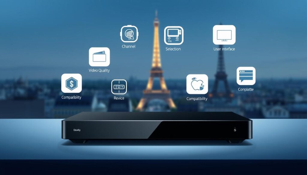 A modern, minimalist illustration showcasing the essential criteria for selecting the best IPTV players in France in 2025. The foreground features a sleek, high-end IPTV device with a minimalist design, highlighting its premium quality. The middle ground depicts a series of floating icons representing key selection factors such as video quality, channel selection, user interface, and device compatibility. The background has a subtle, blurred cityscape with the Eiffel Tower in the distance, conveying a sense of the French market. The overall composition is clean, well-balanced, and evokes a sense of professionalism and authority on the subject matter. A modern, minimalist illustration showcasing the essential criteria for selecting the best IPTV players in France in 2025. The foreground features a sleek, high-end IPTV device with a minimalist design, highlighting its premium quality. The middle ground depicts a series of floating icons representing key selection factors such as video quality, channel selection, user interface, and device compatibility. The background has a subtle, blurred cityscape with the Eiffel Tower in the distance, conveying a sense of the French market. The overall composition is clean, well-balanced, and evokes a sense of professionalism and authority on the subject matter.