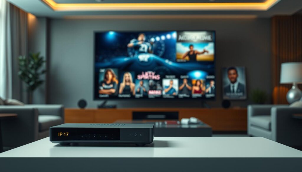 A sleek and modern IPTV set-top box sits prominently in the foreground, its premium design showcasing its high-end capabilities. In the middle ground, a lush, cinematic scene of a living room with a large, high-definition television displays a variety of premium content - from the latest blockbuster movies to live sports events and exclusive channels. The background is softly blurred, allowing the viewer to focus on the central elements and the promise of an elevated entertainment experience. The overall mood is one of sophistication, exclusivity, and the cutting edge of home entertainment technology.