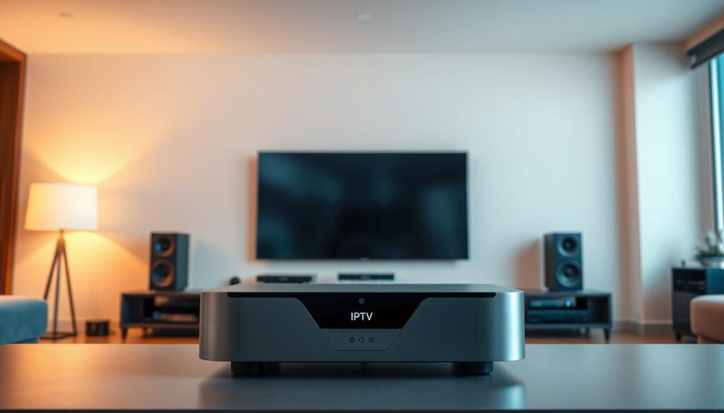 A sleek, futuristic IPTV system against a backdrop of a modern, minimalist living room. The IPTV device takes center stage, its smooth, metallic surface reflecting the warm, ambient lighting. Surrounding it, a clean and clutter-free entertainment setup, with a large, high-resolution display, hidden cable management, and state-of-the-art audio equipment. The scene conveys a sense of technological sophistication and seamless integration, capturing the essence of IPTV's role in the 2025 digital living experience. A sleek, futuristic IPTV system against a backdrop of a modern, minimalist living room. The IPTV device takes center stage, its smooth, metallic surface reflecting the warm, ambient lighting. Surrounding it, a clean and clutter-free entertainment setup, with a large, high-resolution display, hidden cable management, and state-of-the-art audio equipment. The scene conveys a sense of technological sophistication and seamless integration, capturing the essence of IPTV's role in the 2025 digital living experience.