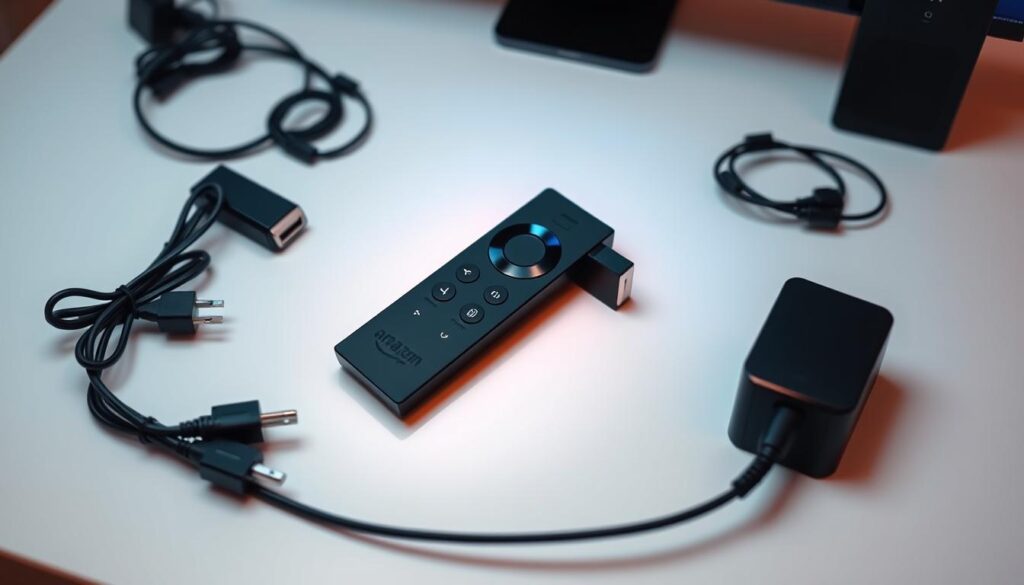 A sleek, modern Amazon FireStick device placed on a minimalist white surface, with a clean and organized arrangement of cables, adapters, and accessories neatly positioned around it. The FireStick is illuminated by soft, warm lighting, creating a sense of elegance and functionality. The background is slightly blurred, emphasizing the device as the focal point. The overall composition conveys a sense of simplicity, practicality, and technical readiness, reflecting the "configuration requise" or required setup for the IPTV Smarters Pro installation on the Amazon FireStick.