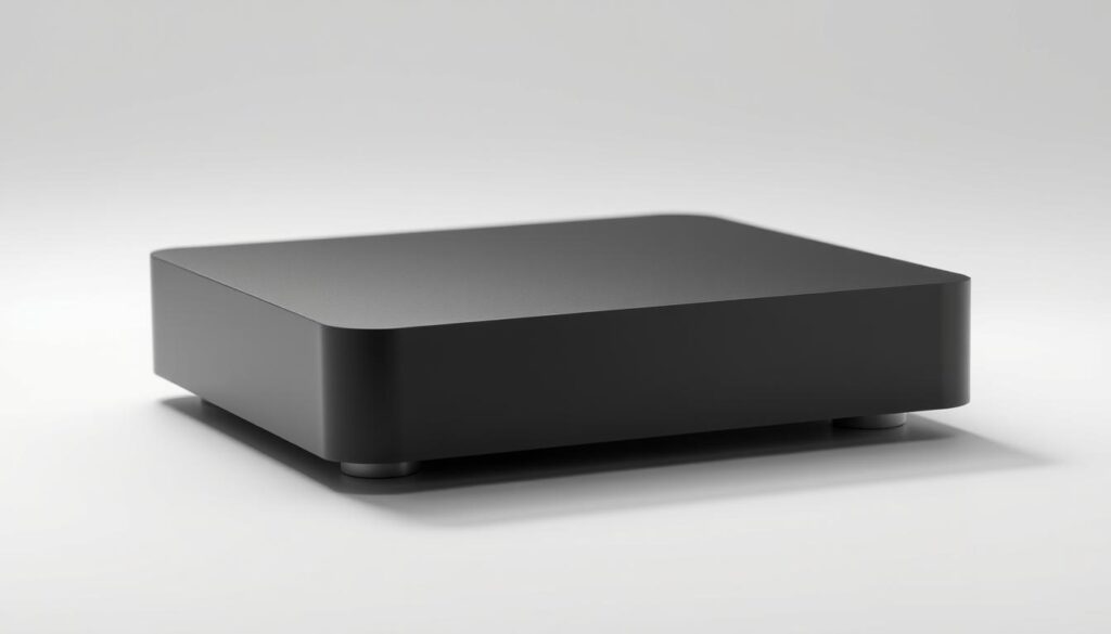 A sleek, modern IPTV set-top box displayed on a minimalist white background. The device has a clean, rectangular design with a matte black finish, complemented by subtle silver accents. Carefully positioned to showcase its key features, the box is illuminated by soft, directional lighting, casting subtle shadows and highlighting its clean lines. The overall composition conveys a sense of high-tech sophistication, hinting at the device's ability to seamlessly integrate with a variety of home entertainment systems and deliver a comprehensive IPTV experience.
