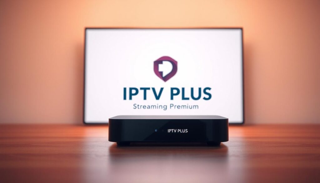 A sleek, modern streaming device effortlessly displaying the "IPTV PLUS Streaming Premium" logo against a clean, minimalist background. The device is illuminated by warm, soft lighting, creating a cozy and inviting atmosphere. The composition is centered, with the device taking up the majority of the frame, suggesting its importance and prominence. The overall design is elegant and sophisticated, hinting at the premium quality and advanced features of the IPTV PLUS service. The scene conveys a sense of technological sophistication and a commitment to providing the best possible streaming experience.