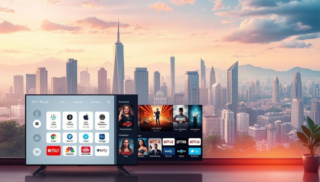 A stylish and modern illustration showcasing the advantages of the IPTV PLUS service. In the foreground, a sleek and intuitive user interface featuring a clean, minimalist design with intuitive navigation controls. In the middle ground, an array of content options including live TV channels, on-demand movies, and popular streaming platforms. In the background, a cityscape with modern skyscrapers and urban landscapes, hinting at the wide range of content and global connectivity provided by IPTV PLUS. The overall scene conveys a sense of sophistication, convenience, and the future of entertainment, highlighted by warm, ambient lighting and a touch of digital elegance.