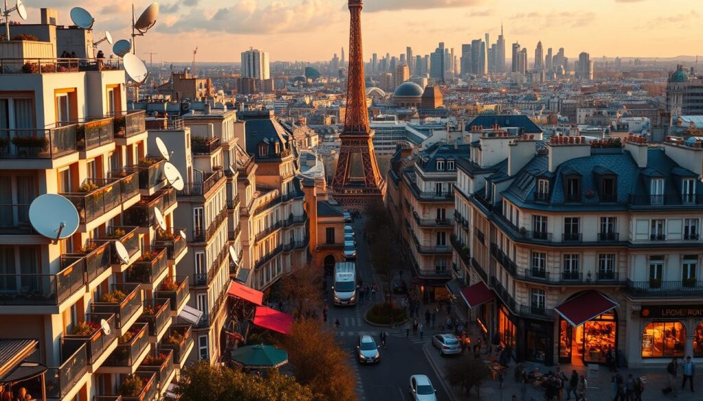 A vibrant cityscape of Paris in the year 2025, showcasing the evolution of IPTV in France. In the foreground, sleek modern apartment buildings with satellite dishes and antennas adorning the rooftops, symbolizing the widespread adoption of IPTV technology. The middle ground features bustling streets lined with cafes and shops, where people are engrossed in their smart devices, accessing a diverse array of IPTV channels and services. In the background, the iconic Eiffel Tower stands tall, surrounded by a skyline of skyscrapers, representing the technological advancements transforming the French landscape. The scene is bathed in a warm, golden light, conveying a sense of progress and optimism for the future of IPTV in France.